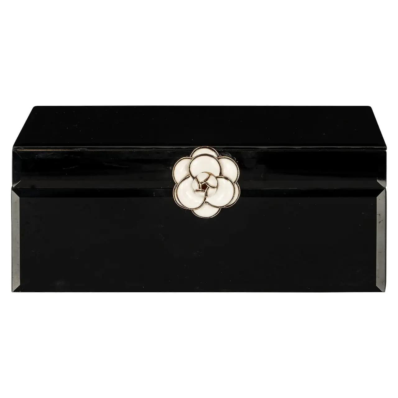 Juwelenbox Vivy zwart glas/MDF met bloemdecor 22x17x8,5 cm