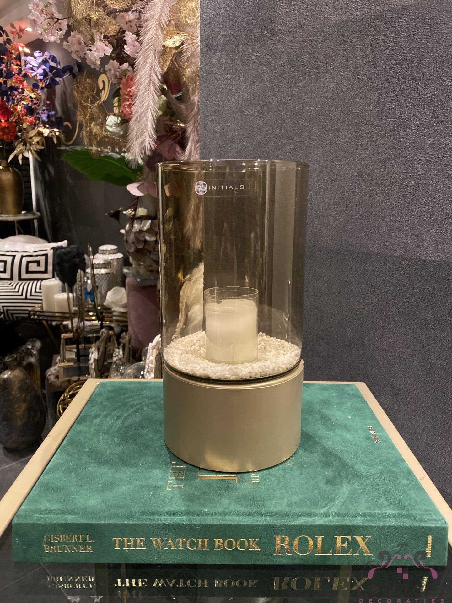 Kaarshouder smoke glas met gouden metalen basis 13,5x26 cm