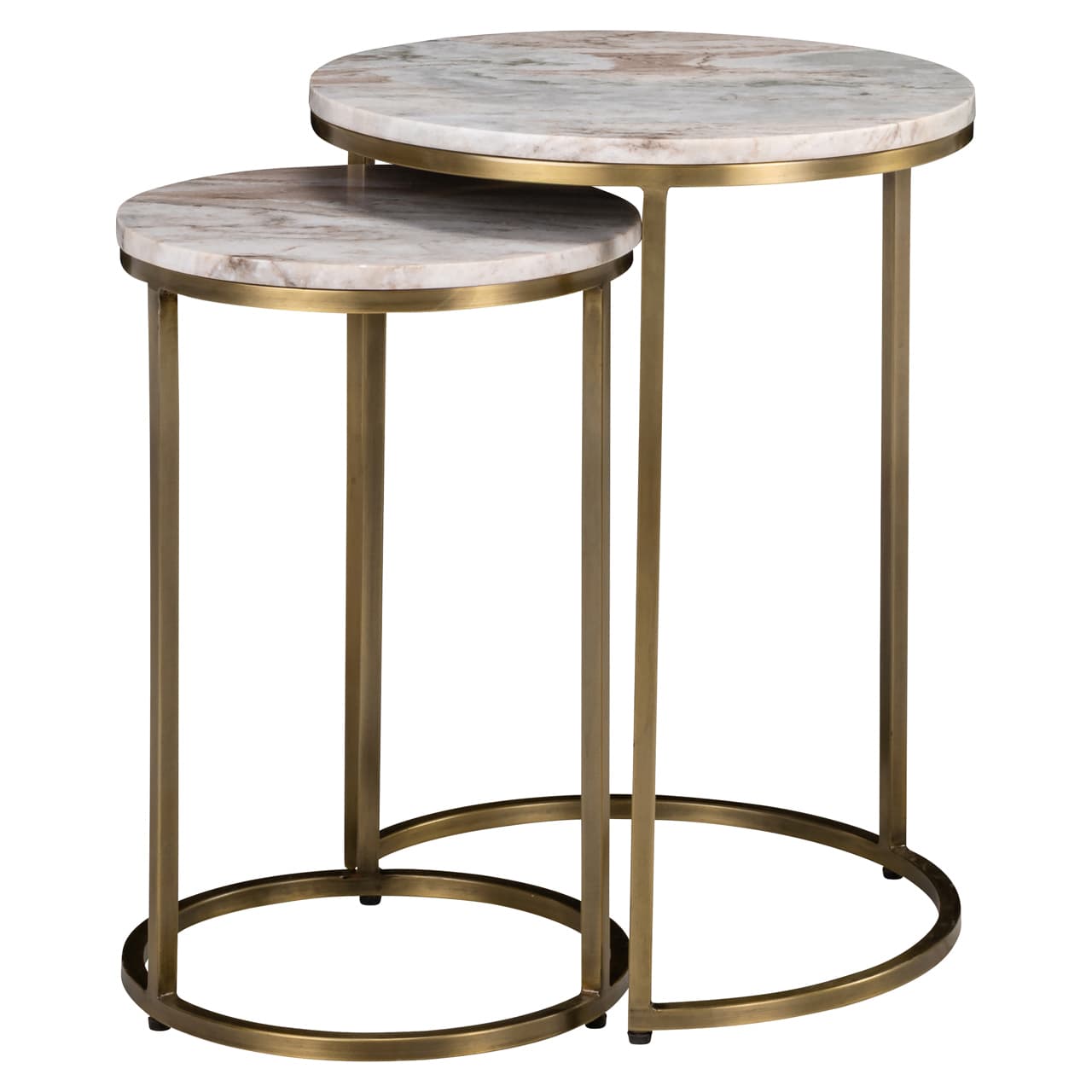 Set van twee ronde bijzettafels met bladen van blush beige marmer op goudkleurige ijzeren onderstellen
