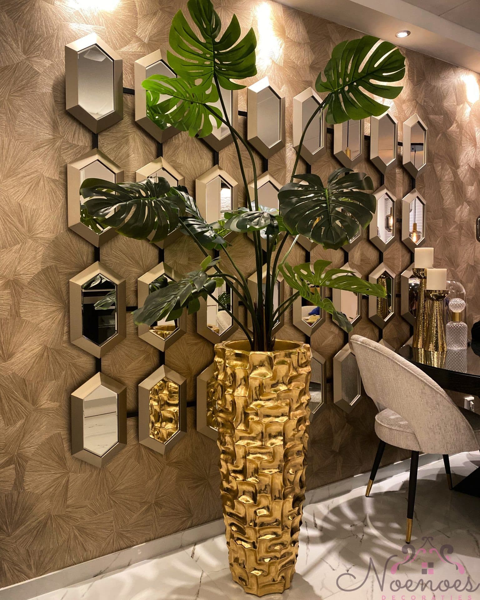 Vaas Malaga goud met monstera kunstplant, hoogte 210-220 cm