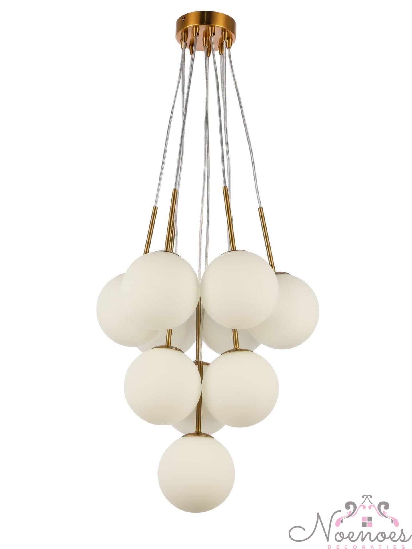 Hanglamp Parel Paris 10-licht met witte glazen bollen en gouden fitting