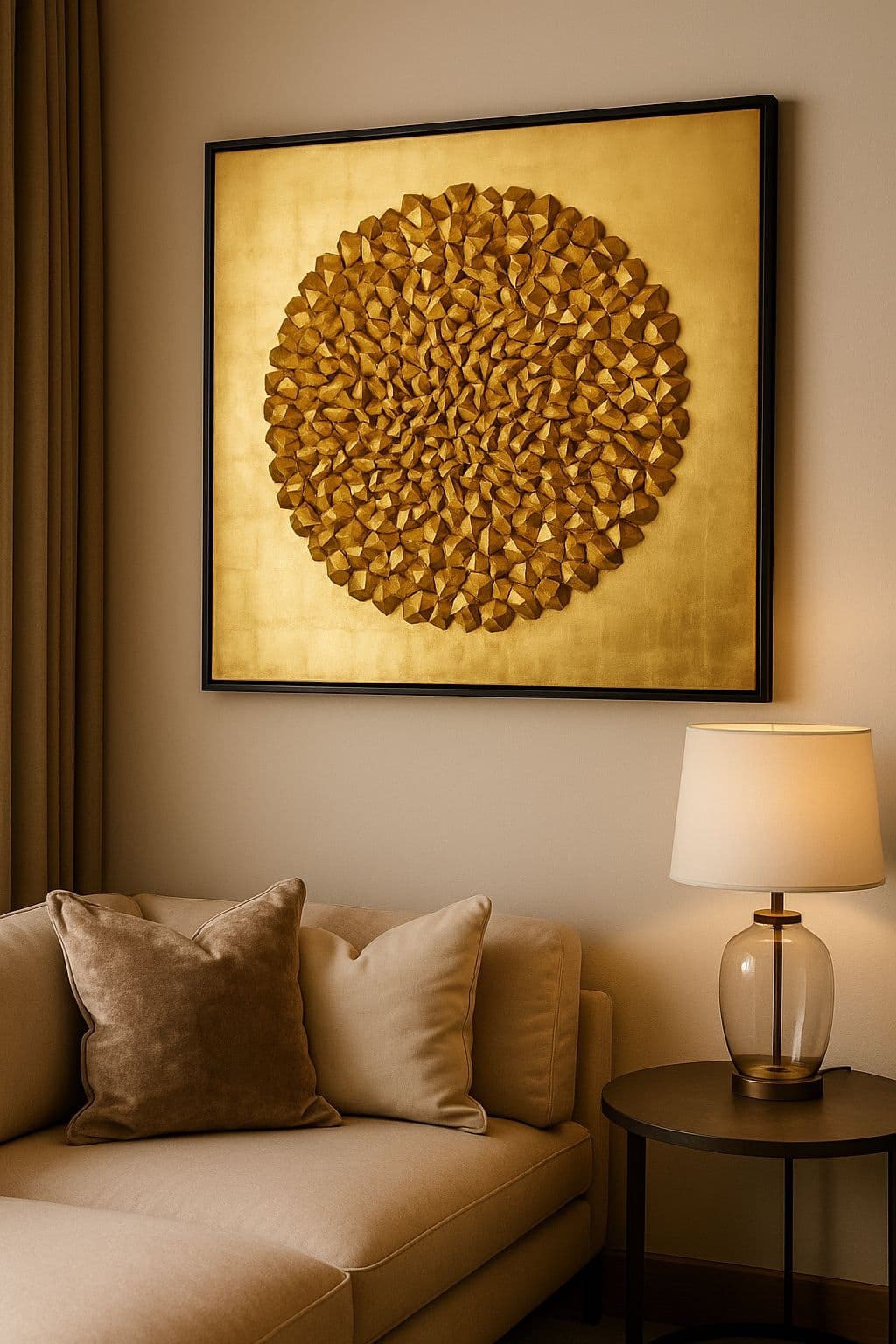 3D wanddecoratie bladgoud cirkel met zwarte lijst 120x120 cm