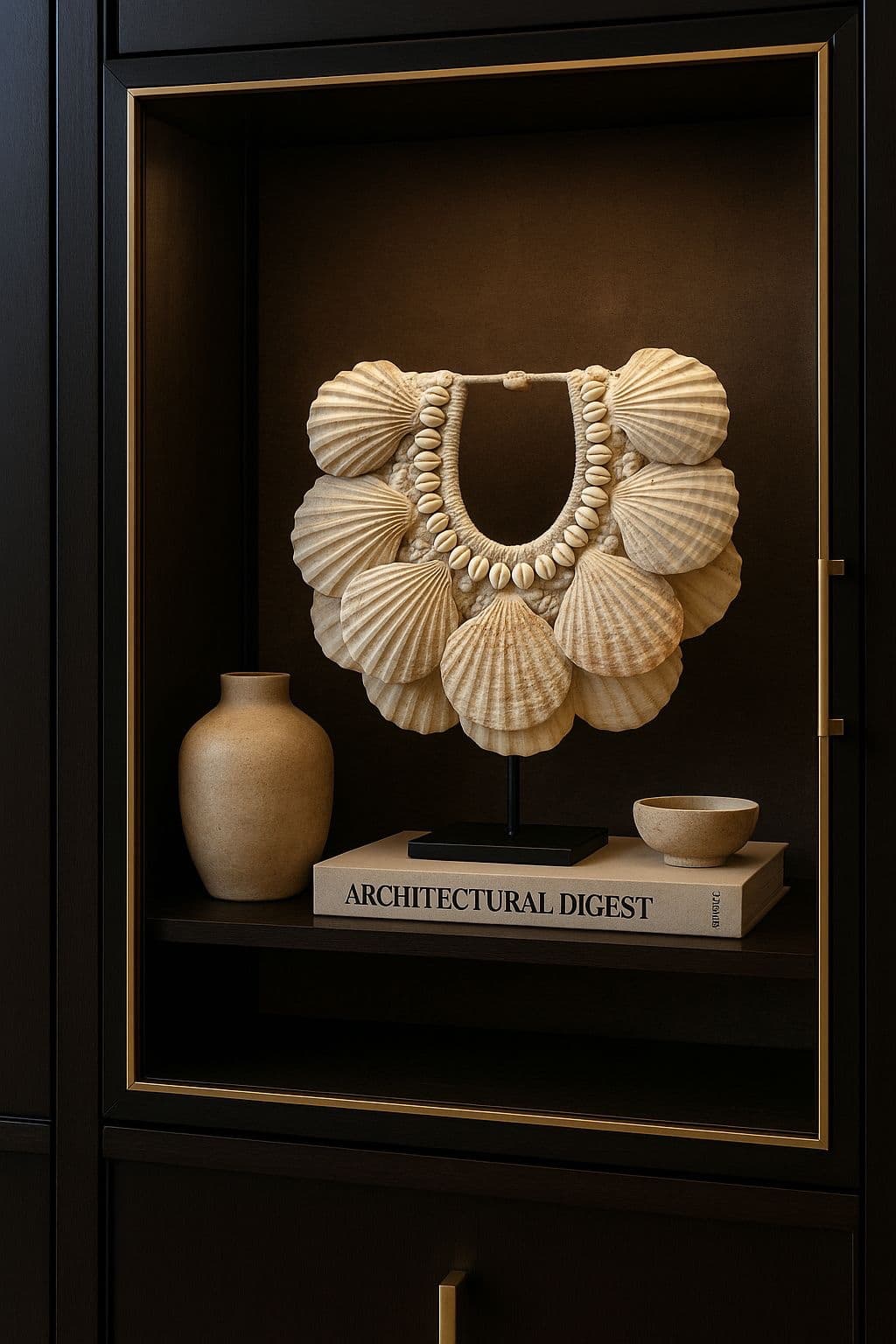 Schelp ketting ornament op zwart voet 30x28,5 cm