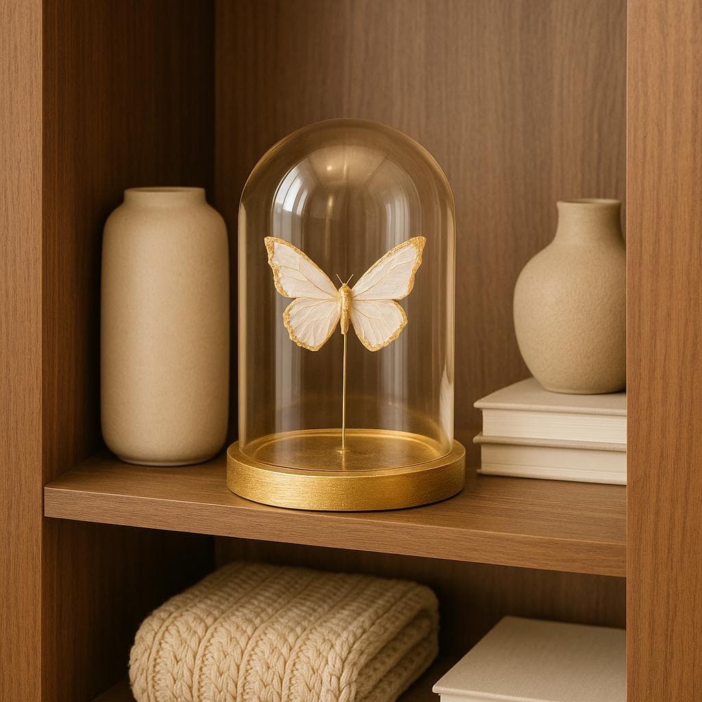 Vlinder in stolp wit en goud 11,5x11,5x16,5 cm