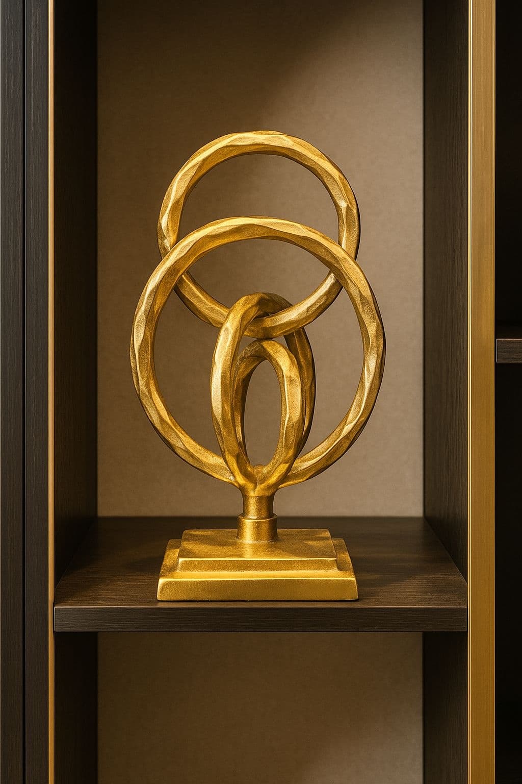 Ornament goud met verweven ringen op sokkel 19x12x31 cm