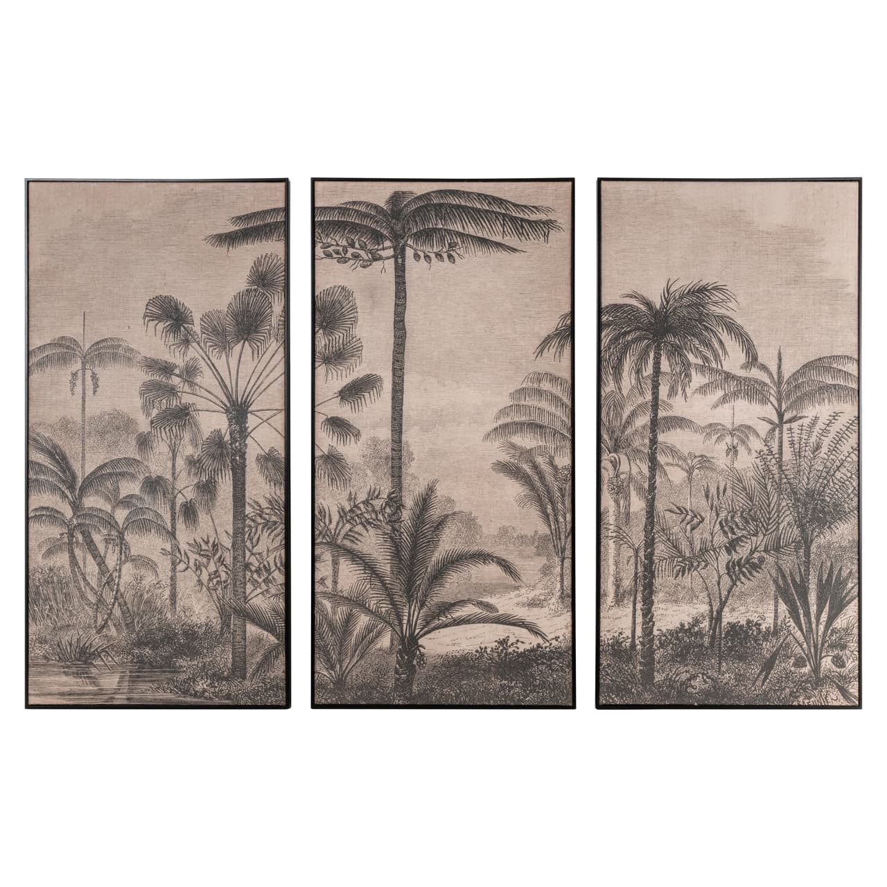 Set van drie jute wandpanelen met een tropisch palmbomenmotief in bruine en beige tinten