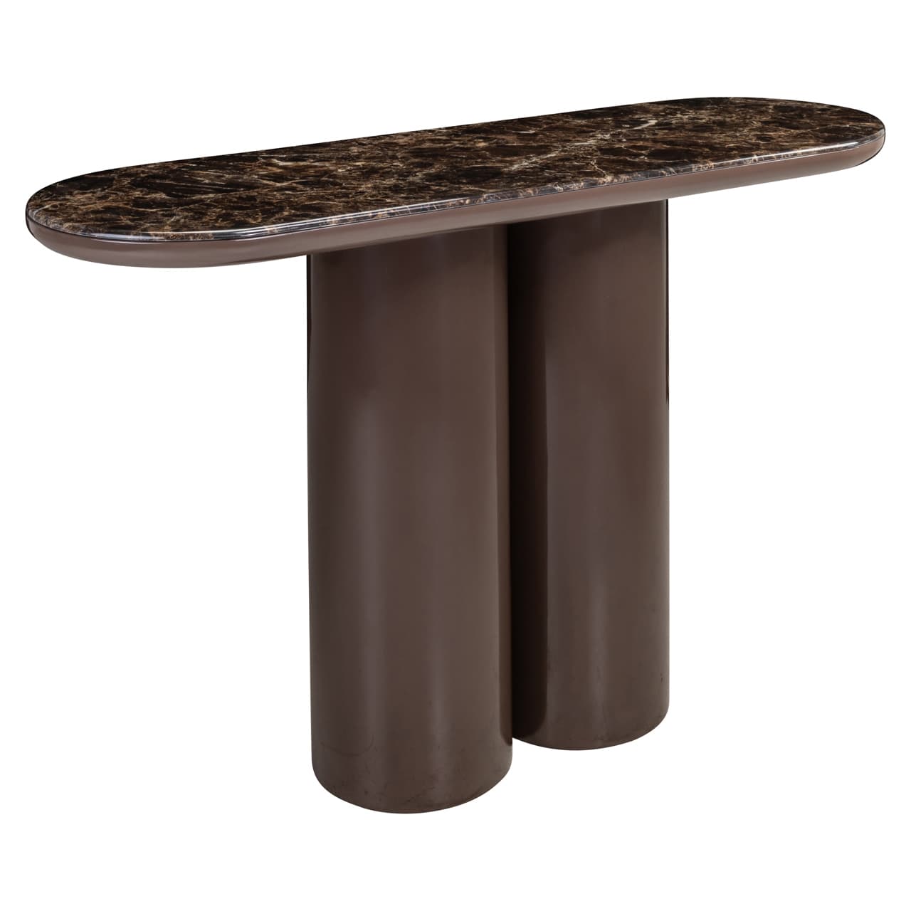 Console van 120 cm met keramisch blad in donker marmerpatroon en cilindrisch onderstel in chocoladebruin