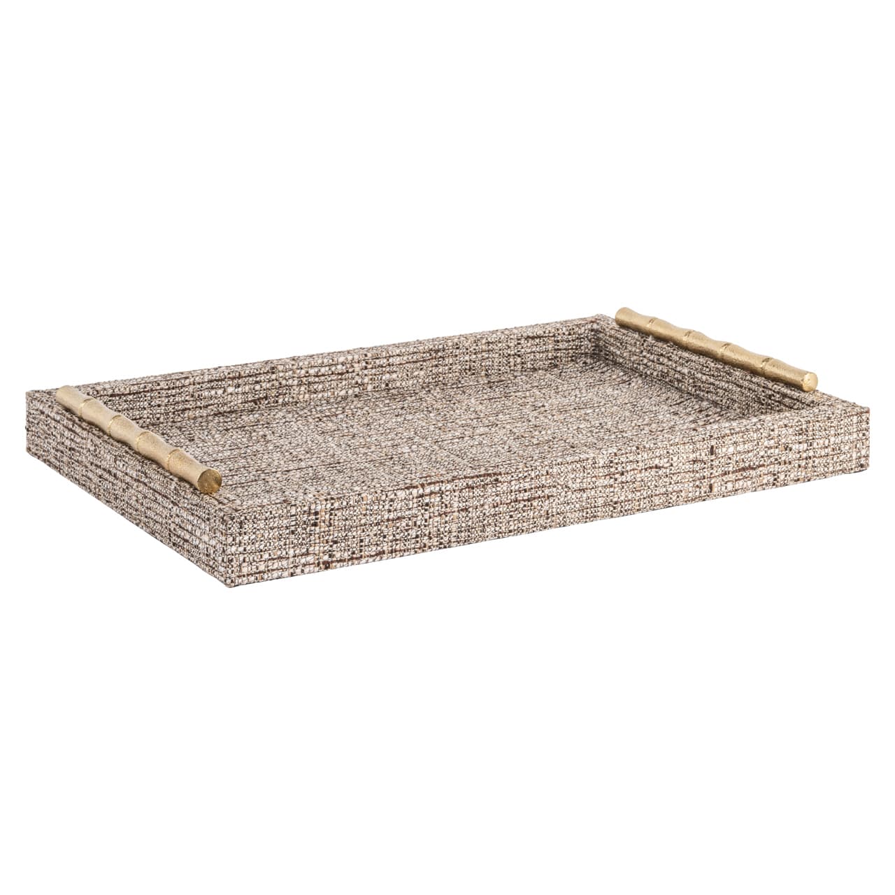 Rechthoekig dienblad met beige tweed-look bekleding en twee gouden bamboe handgrepen
